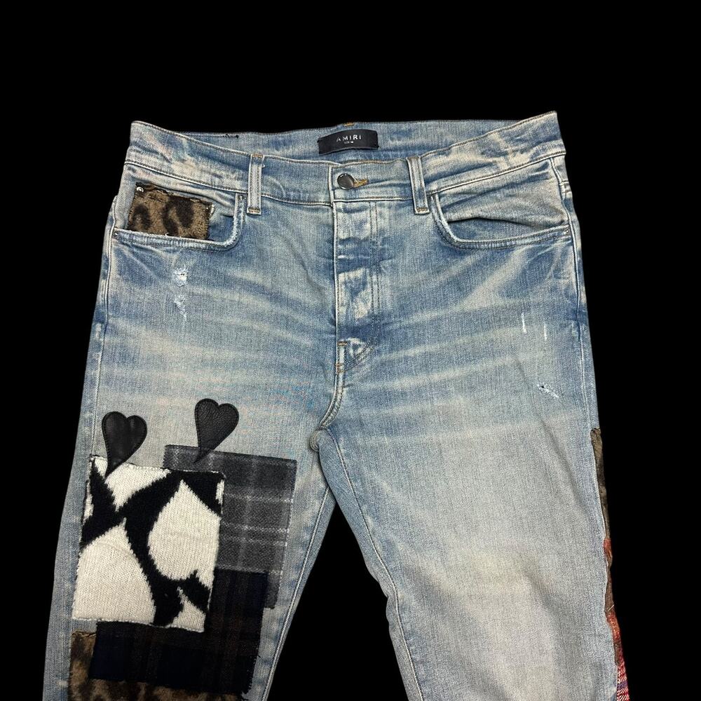 $1390 Amiri Men's Artpatch Distressed Jeans Light Denim Embelished Blue Sz 33 - Picture 3 of 14